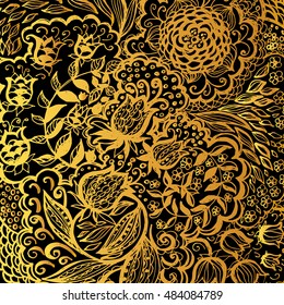 Floral doodle tattoo background. Illustration with paisley ornaments. Hand-drawn flowers. Universal backdrop for everything. Gold color.