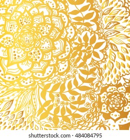 Floral doodle tattoo background. Illustration with paisley ornaments. Hand-drawn flowers. Universal backdrop for everything. Gold color.