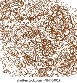 Floral doodle tattoo background. Illustration with paisley ornaments. Hand-drawn flowers. Universal backdrop for everything.