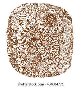 Floral doodle tattoo design. Illustration with paisley ornaments. Hand-drawn flowers.