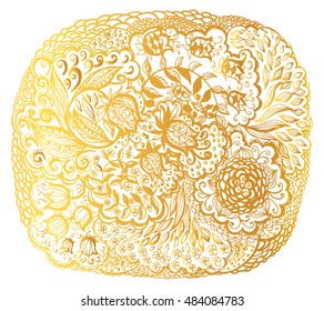 Floral doodle tattoo design. Illustration with paisley ornaments. Hand-drawn flowers. Gold color