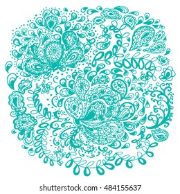 Floral doodle tattoo design. Illustration with paisley ornaments. Hand-drawn flowers.