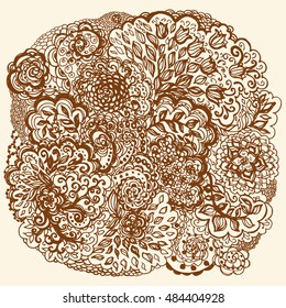 Floral doodle tattoo design. Illustration with paisley ornaments. Hand-drawn flowers.