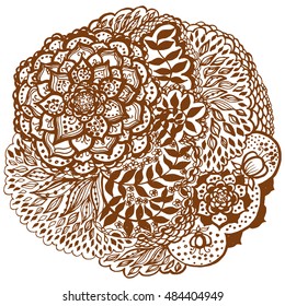 Floral doodle tattoo design. Illustration with paisley ornaments. Hand-drawn flowers.