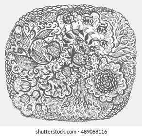 Floral doodle tattoo design. Illustration with paisley ornaments. Hand-drawn flowers.