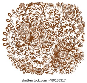 Floral doodle tattoo design. Illustration with paisley ornaments. Hand-drawn flowers.