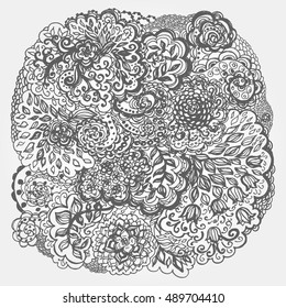 Floral doodle tattoo design. Illustration with paisley ornaments. Hand-drawn flowers.