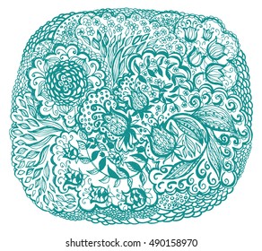 Floral doodle tattoo design. Illustration with paisley ornaments. Hand-drawn flowers.