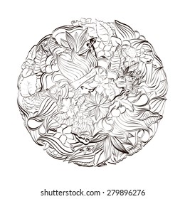  Floral doodle vector background. Sketch doodle template with summer flowers, fruits, berries and vanilla.