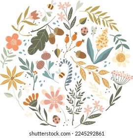 Floral doodle vector round illustration with wildflowers, acorns, leaves, bee and ladybug on textured background