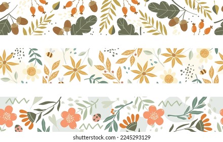 Floral doodle vector seamless borders with wildflowers for banner