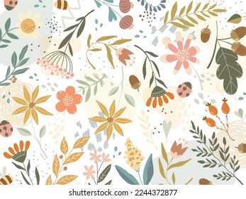Floral doodle vector wallpaper with wildflowers, acorns, leaves, bee and ladybug on textured background
