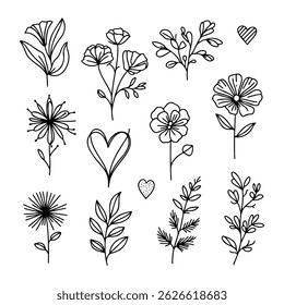 Floral doodles in black ink showcasing various plants and flowers designed in a whimsical style