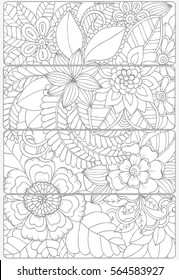 Floral doodles for coloring.Vector set of monochrome bookmarks .