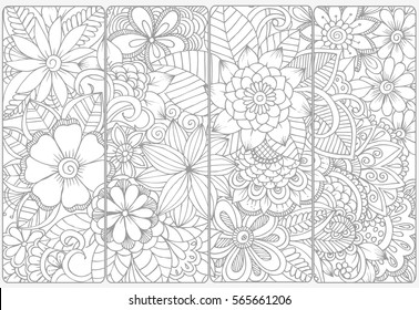 Floral doodles for coloring.Vector set of monochrome bookmarks .