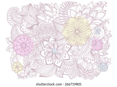 Floral doodles. Drawing flowers. Beautiful backdrop for invitation and party card. Floral design elements for your creative ideas
