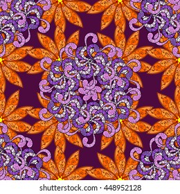 Floral doodles pattern on black backgrouns. Vector illustration.