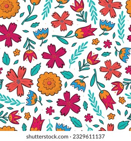 Blumendoodles nahtloses Muster, florale Cartoon-Elemente auf weißem Hintergrund für Tapete, Scrapbooking, stationäres, Wickelpapier, Stoffdruck, Kindergarten usw. EPS10