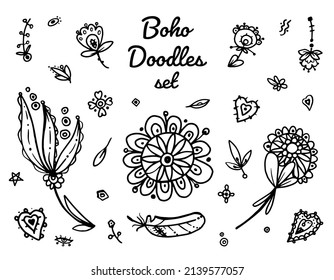 Floral Doodles Set - Boho style. Outlines Boho decorative fantasy hearts and flowers - simple dark lines on white background.