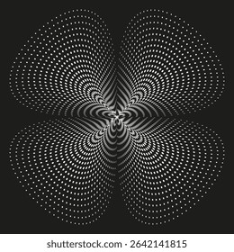 Floral dot shape. Optical illusion bloom. Black background symmetry. Abstract vector pattern