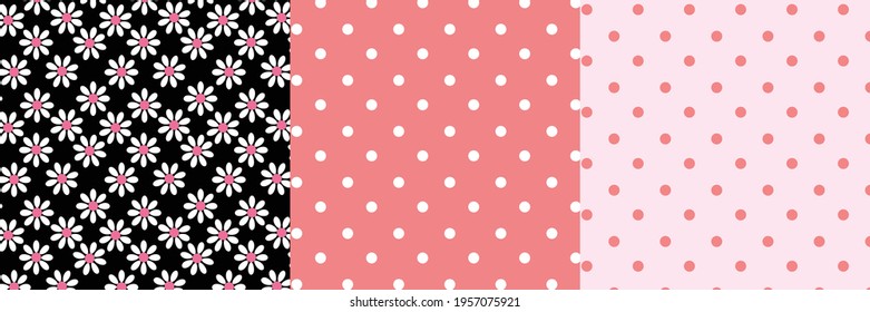 Floral and Dots Vector Patterns Bright Colorful Pattern. Vector Print. Lovely Nursery Art for Card, Invitation, Wall Art, Baby Girl Party.