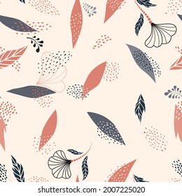 Floral dotted seamless pattern with leaves and flowers. Fall nature ornamental hand-drawn texture. Flourish garden abstract backdrop with chaotic dots