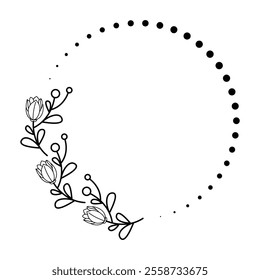 Floral and Dotted Semi-Circular Frame, Black and White Botanical Logo Illustration, Family Name Sign