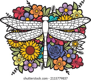 Floral Dragonfly Color Vector Illustration