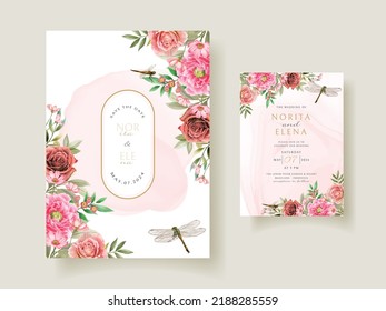 Floral and dragonfly painting watercolor wedding invitation card