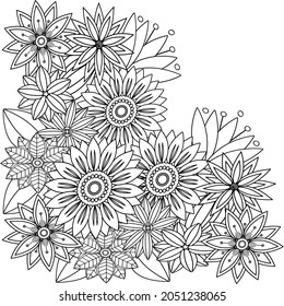 Floral drawing in black and white. Doodle floral pattern. Page for coloring book. Zentangle drawing.