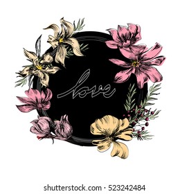  Floral drawing for design invitations, Circular place for text. Vector illustration