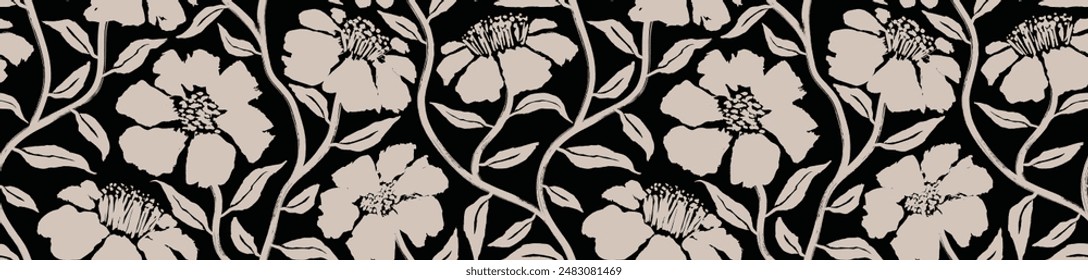 Floral drawing seamless pattern with brush texture. silhouette abstract leaves and flower background.