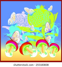 floral drowning of pomegranate with mushrooms and butterflies