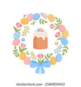 Floral easater wreath with Easter cake isolated on white background.