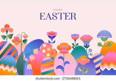 Floral Easter background in geometric folk style. Colorful modern vector illustration.