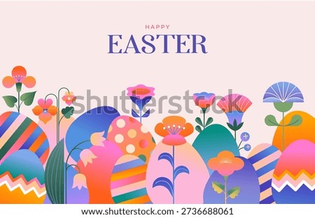 Floral Easter background in geometric folk style. Colorful modern vector illustration.