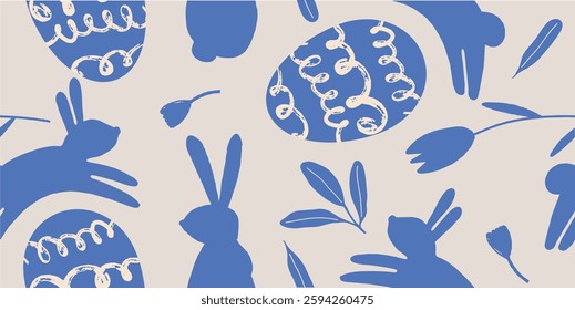 Floral Easter Bunnies and eggs Vector Pattern
