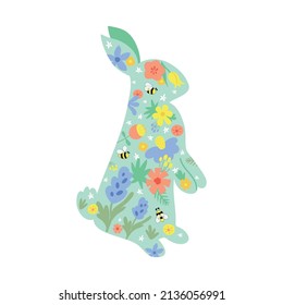 Floral Easter Bunny. Floral rabbit. Spring rabbit Happy Easter rabbit vector illustration isolated graphic elements. Hand drawn flowers, cute bunny. Happy Easter decorative element. Spring colors.