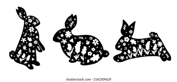 Floral Easter Bunny Silhouette set. Happy Easter vector black rabbits shape collection. Farmhouse animal design. Cartoon folk bunny Happy Easter party. Easter party elements isolated illustrations.