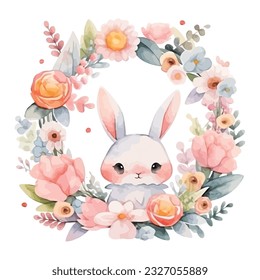 Floral Easter Bunny Watercolor Clipart 