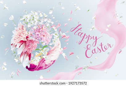 Floral Easter card with egg and Hyacinth flower, Apple blossom, Chrysanthemum, Peony. Greetings and presents for Easter Day. Promotion and shopping vector template and lettering design