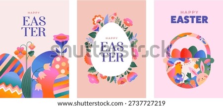 Floral Easter card templates in geometric folk style. Colorful modern vector illustration.