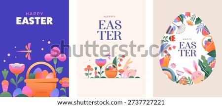Floral Easter card templates in geometric folk style. Colorful modern vector illustration.