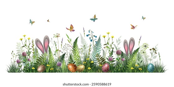 Floral Easter composition with bunny ears , wildflowers, eggs and butterflies. Easter background. Vector colorful illustration.	