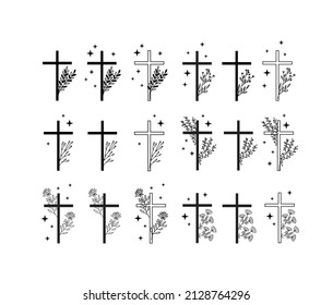 Floral Easter cross set. Cross with flowers and stars.