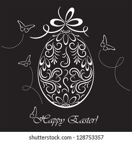Huevo de Pascua floral y mariposas sobre fondo oscuro, ilustración