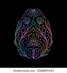 Floral  Easter Egg in doodle style on black background.