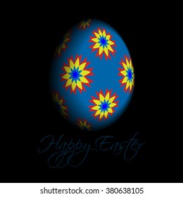 floral Easter egg greeting card on a black background with text - blue, red and yellow