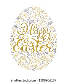 Floral easter egg with handwriting inscription Happy Easter on white background.Vector illustration.