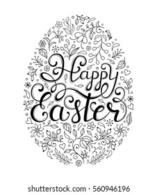 Floral easter egg with handwriting inscription Happy Easter on white background.Coloring page for children and adult. Vector illustration.